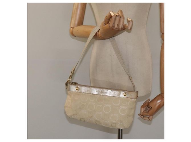 Borsa a Spalla Gancini Salvatore Ferragamo in Tela Beige Oro Auth bs26398 - vista 21
