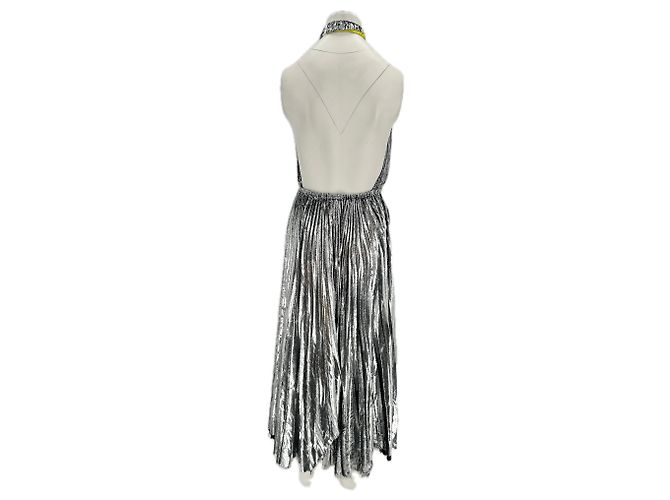 Vestido largo de seda plateada con cuello halter Céline Plata - vista 2