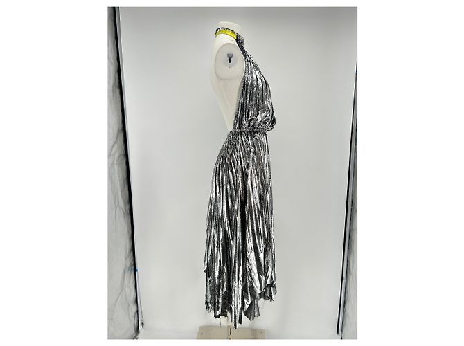 Vestido largo de seda plateada con cuello halter Céline Plata - vista 3