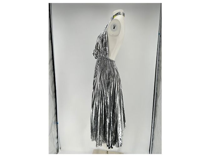 Vestido largo de seda plateada con cuello halter Céline Plata - vista 4