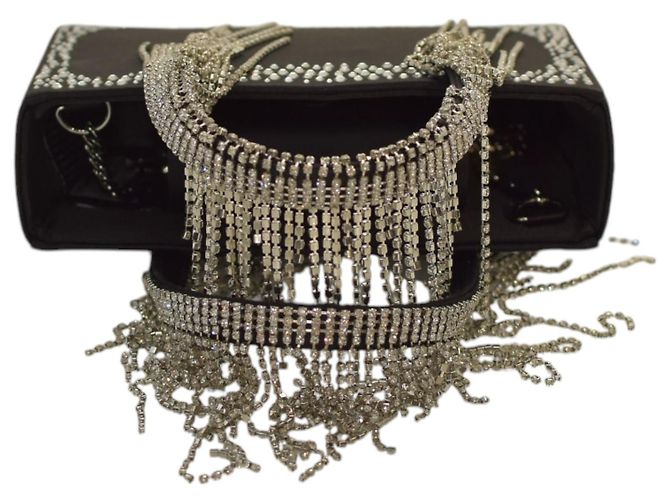 Autre Marque Borsa KARA Constellation Fringe in raso nero e cristalli - vista 5
