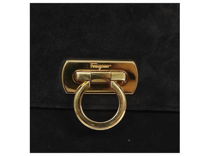 Borsa a Spalla Gancini in Pelle Scamosciata Nera e Oro Salvatore Ferragamo Auth bs26286 Nero D'oro - vista 14