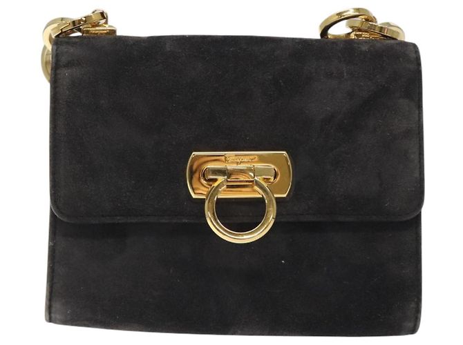 Borsa a Spalla Gancini in Pelle Scamosciata Nera e Oro Salvatore Ferragamo Auth bs26286 Nero D'oro - vista 2