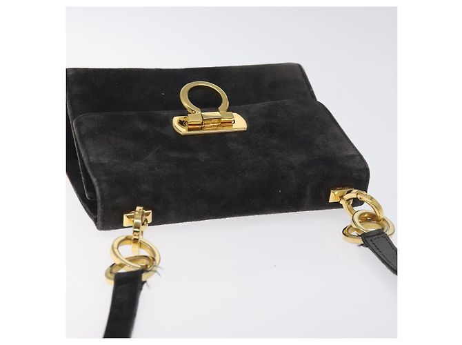 Borsa a Spalla Gancini in Pelle Scamosciata Nera e Oro Salvatore Ferragamo Auth bs26286 Nero D'oro - vista 6