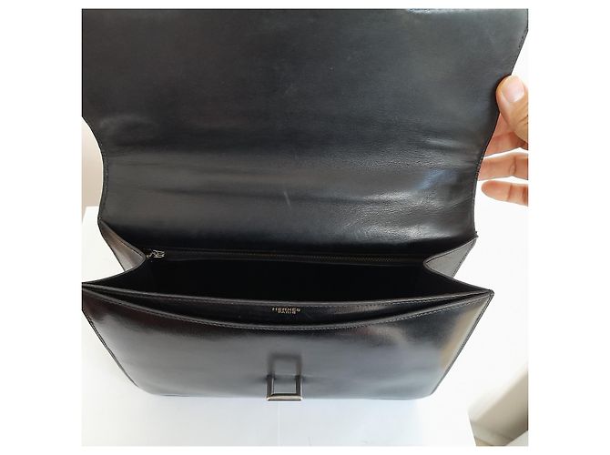Hermès Sandrine Tasche aus schwarzem Boxleder, vintage mit Schultergurt - Ansicht 5