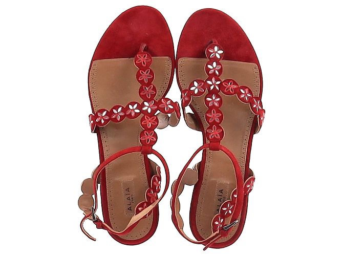 Sandali flat con cinturino alla caviglia in suede rosso con taglio laser Alaïa Flower Bordò - vista 3