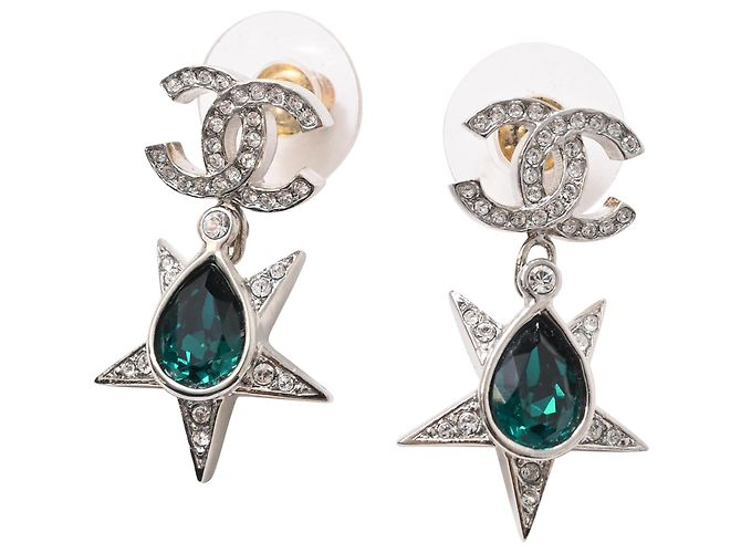 Orecchini Chanel Crystal CC Star Drop in metallo verde - vista 2