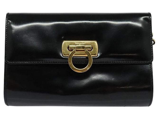 Borsa Gancini Chain Salvatore Ferragamo in pelle verniciata nera e oro Auth 126967 - vista 2