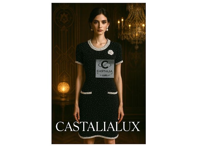 CHANEL Schwarzes Couture-Perlenkleid mit Kameliabrosche 40 FR - Ansicht 12