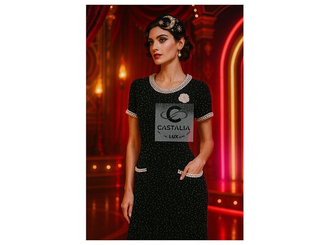 CHANEL Schwarzes Couture-Perlenkleid mit Kameliabrosche 40 FR - Ansicht 3
