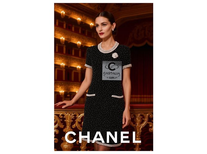 CHANEL Schwarzes Couture-Perlenkleid mit Kameliabrosche 40 FR - Ansicht 6