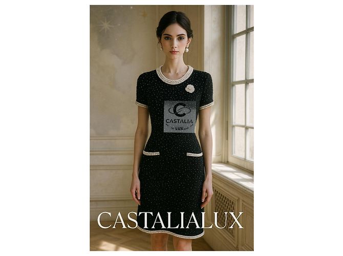 CHANEL Schwarzes Couture-Perlenkleid mit Kameliabrosche 40 FR - Ansicht 9
