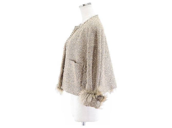 Giacca Chanel senza collo in tweed e ecopelliccia glitterata D'oro - vista 12