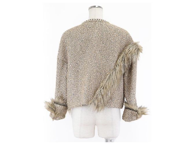 Giacca Chanel senza collo in tweed e ecopelliccia glitterata D'oro - vista 13