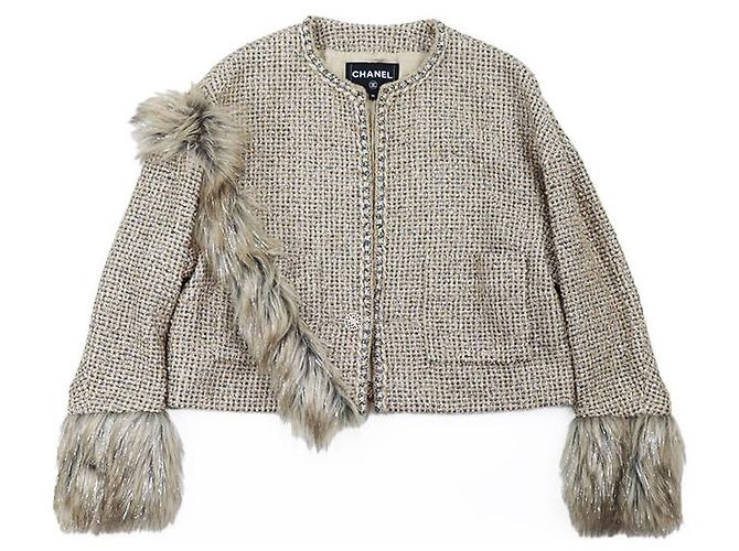 Giacca Chanel senza collo in tweed e ecopelliccia glitterata D'oro - vista 14