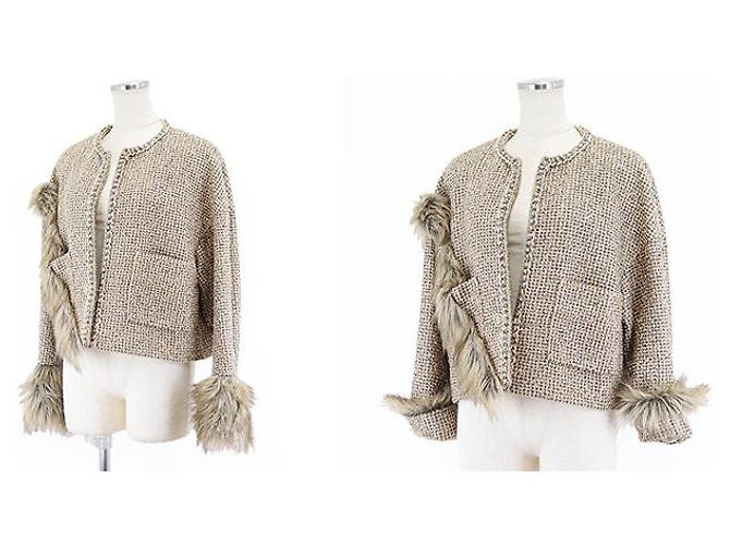 Giacca Chanel senza collo in tweed e ecopelliccia glitterata D'oro - vista 2