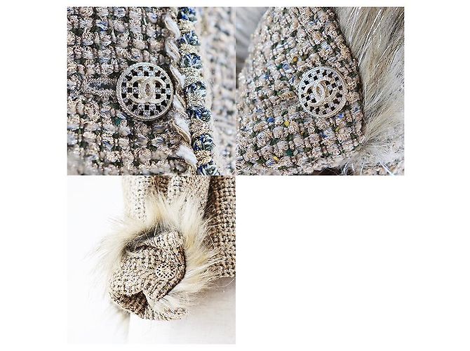 Giacca Chanel senza collo in tweed e ecopelliccia glitterata D'oro - vista 4