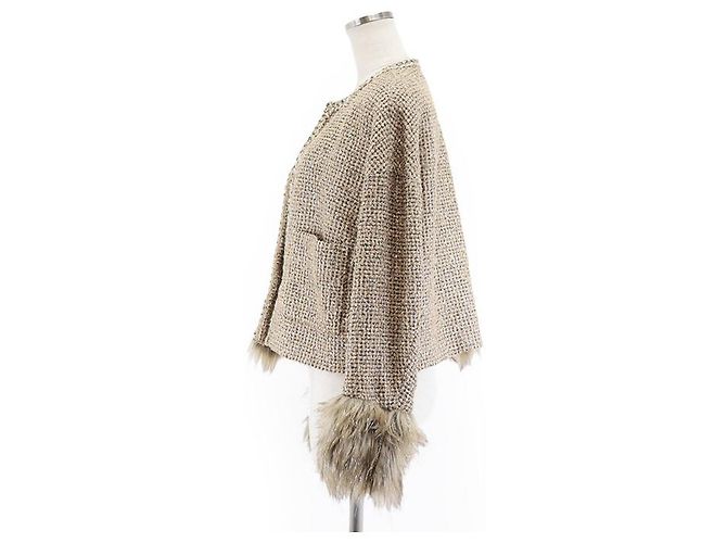 Giacca Chanel senza collo in tweed e ecopelliccia glitterata D'oro - vista 5