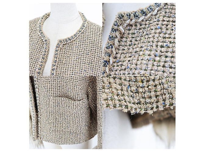 Giacca Chanel senza collo in tweed e ecopelliccia glitterata D'oro - vista 7