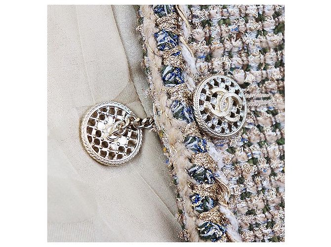 Giacca Chanel senza collo in tweed e ecopelliccia glitterata D'oro - vista 8