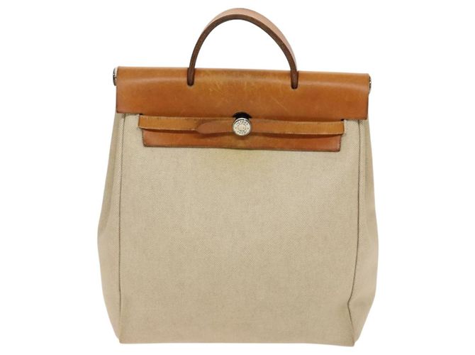 Hermès HERMES Herbag A Dos PM Rucksack aus Canvas Leder Beige Silber Authentisch 126543 - Ansicht 2