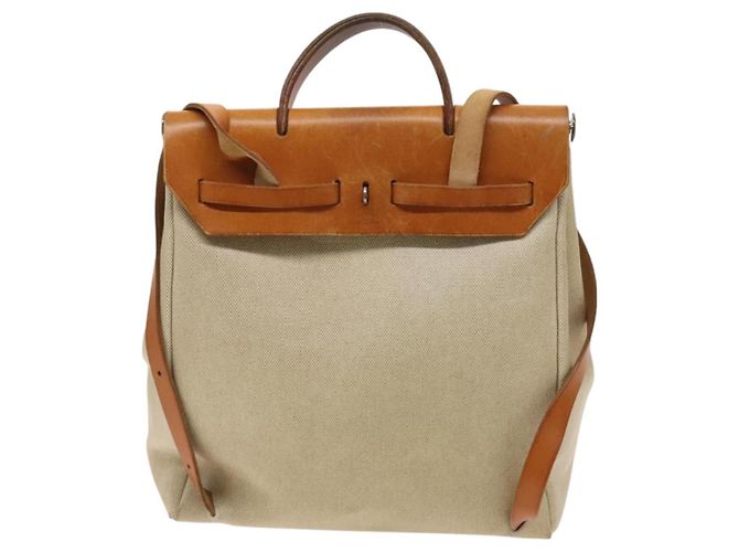 Hermès HERMES Herbag A Dos PM Rucksack aus Canvas Leder Beige Silber Authentisch 126543 - Ansicht 3