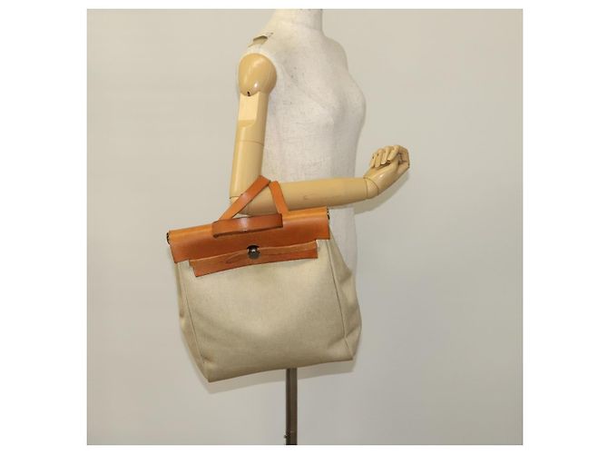 Hermès HERMES Herbag A Dos PM Rucksack aus Canvas Leder Beige Silber Authentisch 126543 - Ansicht 33