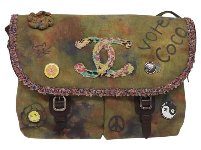 Borsa a spalla CHANEL ricamo graffiti in tela di pelle khaki CC Auth 121519SV Cachi - vista 2
