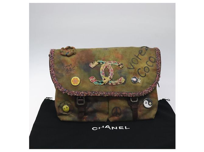 Borsa a spalla CHANEL ricamo graffiti in tela di pelle khaki CC Auth 121519SV Cachi - vista 25