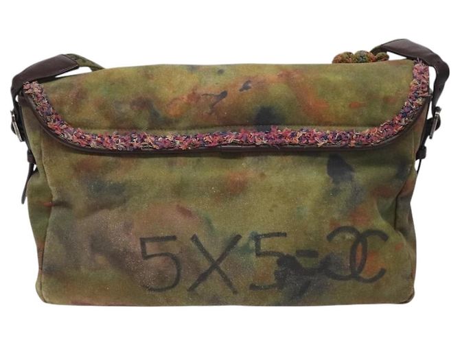 Borsa a spalla CHANEL ricamo graffiti in tela di pelle khaki CC Auth 121519SV Cachi - vista 3