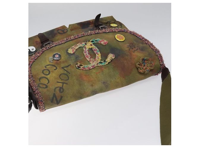 Borsa a spalla CHANEL ricamo graffiti in tela di pelle khaki CC Auth 121519SV Cachi - vista 6