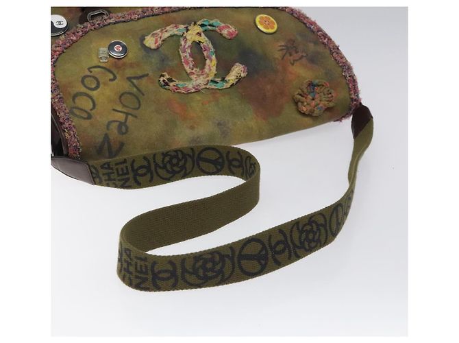 Borsa a spalla CHANEL ricamo graffiti in tela di pelle khaki CC Auth 121519SV Cachi - vista 7