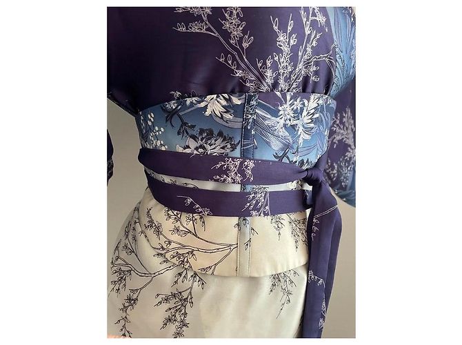 Autre Marque Kimono + Cinturón Obi de Seda Impresa Blanco Azul - vista 3