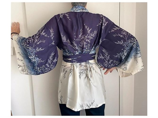Autre Marque Kimono + Cinturón Obi de Seda Impresa Blanco Azul - vista 4