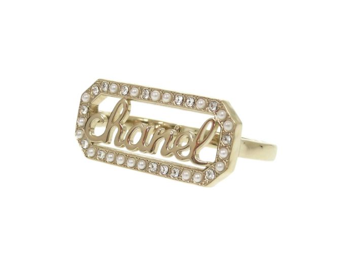 Chanel Doppel-Finger-Goldring mit Kunstperle Golden - Ansicht 2