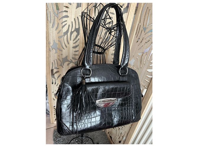Borsa Lancel modello Adjani grande formato in pelle nera con stampa coccodrillo - vista 2