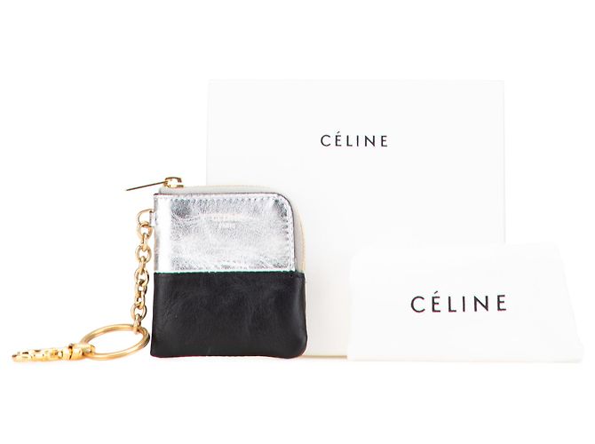 Céline Celine Silver Bicolor Leather Key Ring Coin Pouch Black Silvery - view 12