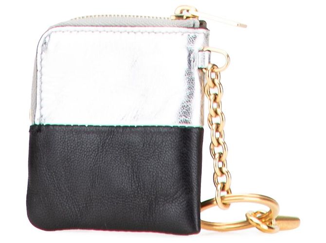 Céline Celine Silver Bicolor Leather Key Ring Coin Pouch Black Silvery - view 2