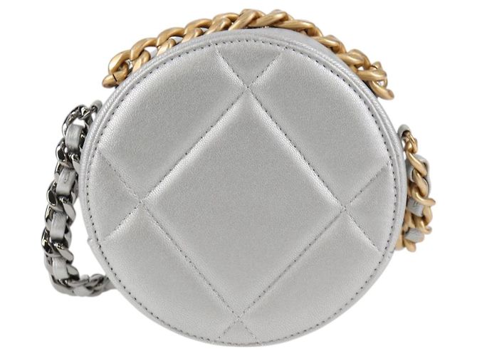 Bolsa de ombro Chanel 19 em couro de cordeiro com corrente dourada e prateada CC Auth fm4698M Prata Dourado - vista 2