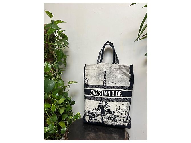 Borsa tote Christian Dior in cotone blu - vista 2