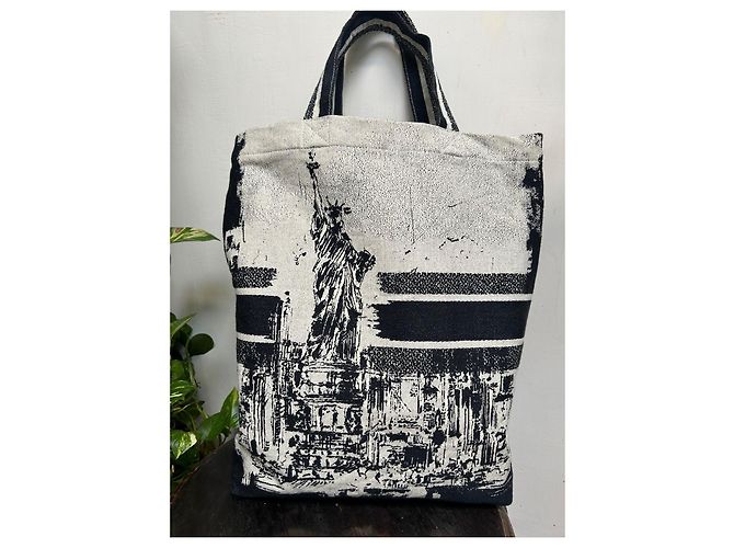 Borsa tote Christian Dior in cotone blu - vista 5