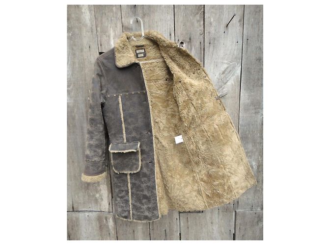 Manteau en cuir Ikks marron clair avec fausse fourrure - vue 4