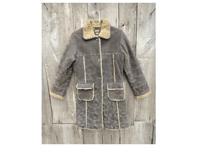 Manteau en cuir Ikks marron clair avec fausse fourrure - vue 6