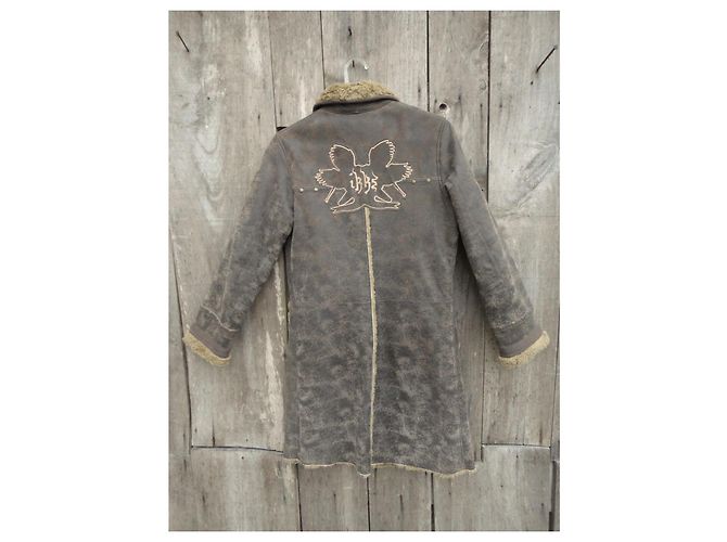 Manteau en cuir Ikks marron clair avec fausse fourrure - vue 7