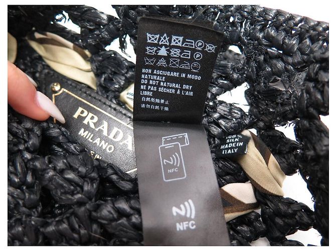 BORSA A MANO PRADA IN PAGLIA CON LOGO E FULARD IN SETA RAFFIA NERA - vista 13