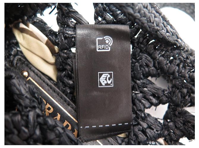 BORSA A MANO PRADA IN PAGLIA CON LOGO E FULARD IN SETA RAFFIA NERA - vista 14