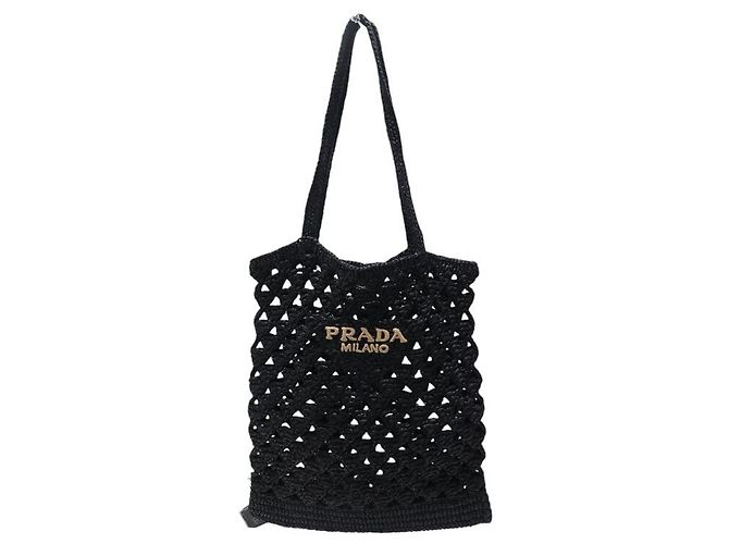 BORSA A MANO PRADA IN PAGLIA CON LOGO E FULARD IN SETA RAFFIA NERA - vista 18
