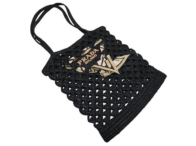 BORSA A MANO PRADA IN PAGLIA CON LOGO E FULARD IN SETA RAFFIA NERA - vista 3