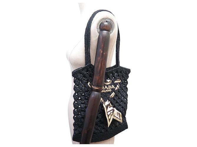 BORSA A MANO PRADA IN PAGLIA CON LOGO E FULARD IN SETA RAFFIA NERA - vista 5