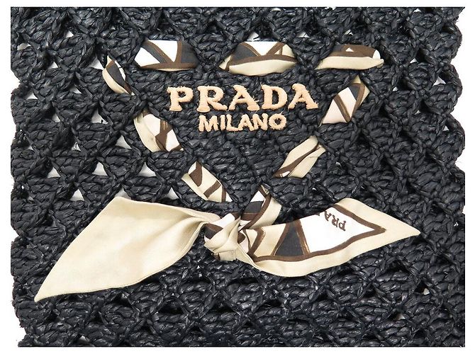 BORSA A MANO PRADA IN PAGLIA CON LOGO E FULARD IN SETA RAFFIA NERA - vista 6
